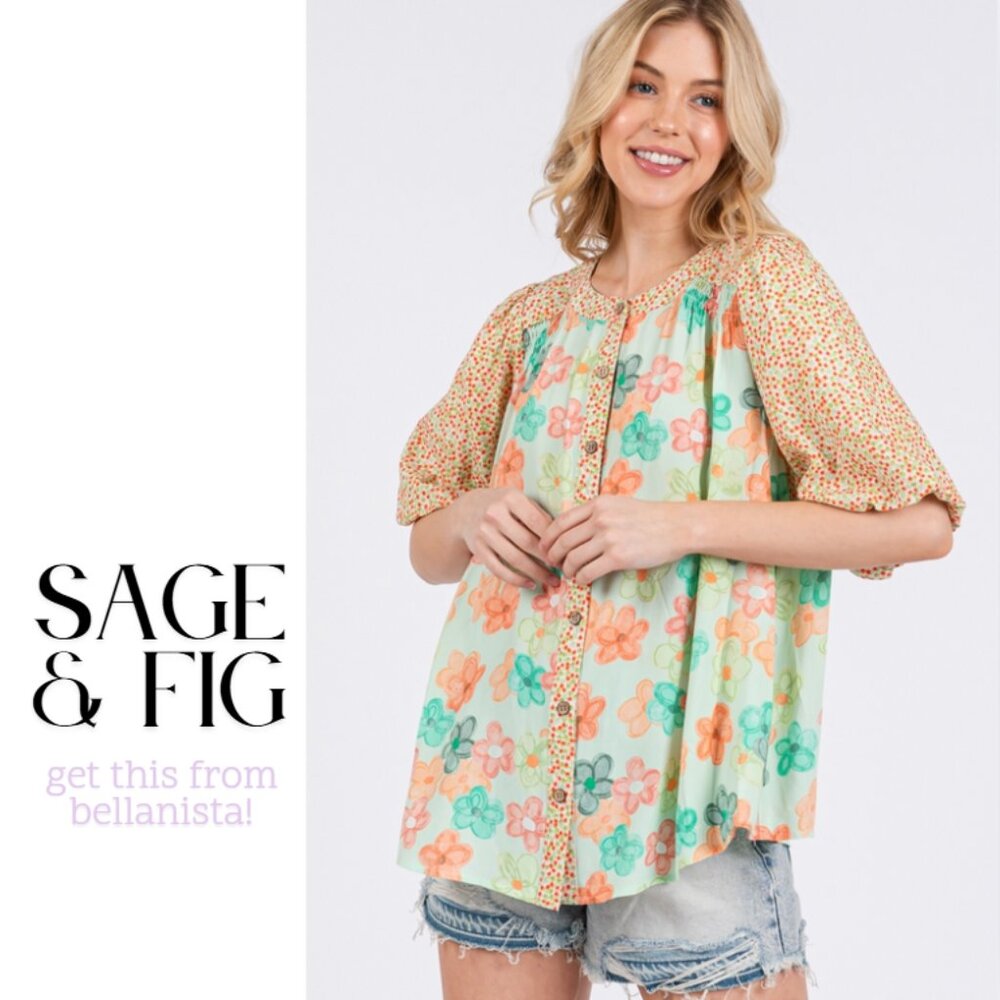 T7673 SAGE + FIG Green Coral Floral Print Bubble Sleeve Top - Picture 2 of 4